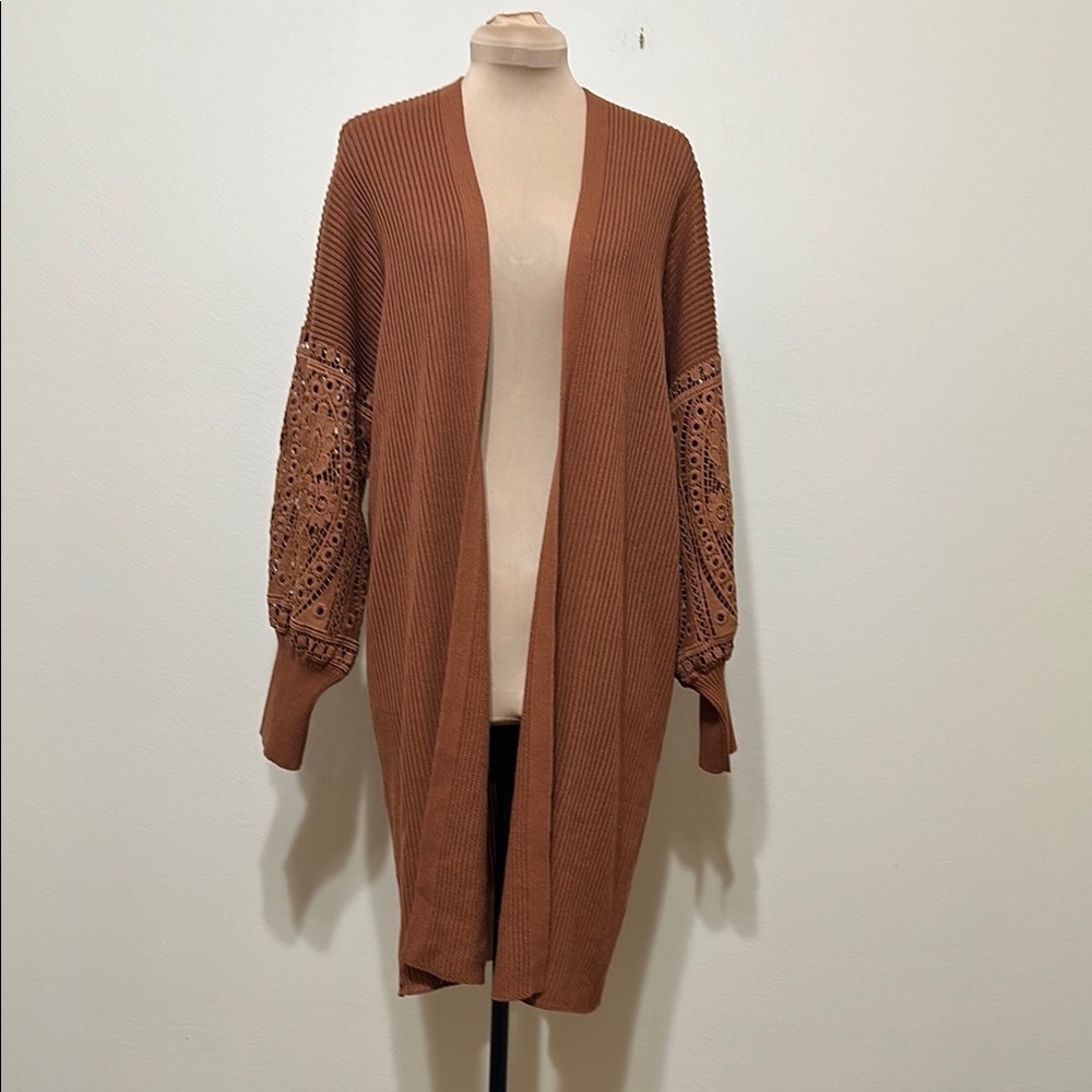 Rockin C Brown Cardigan with Intricate Sleeve‎ Design